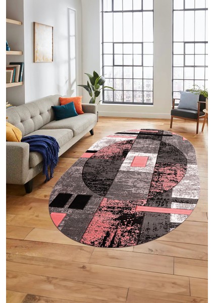 Modern Göbekli Desen Dijital Kaymaz Yıkanabilir Oval Yolluk Mutfak Salon Halısı O-Modern-33-Pembe modelleri