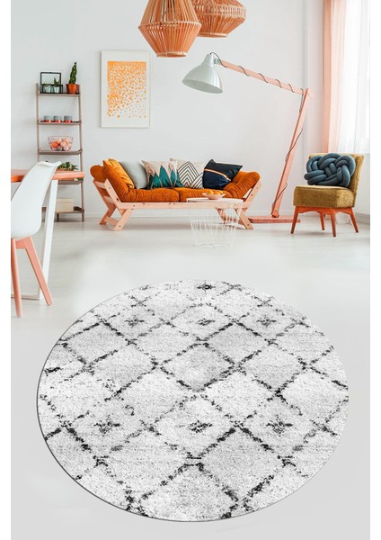 Baskılı Kaymaz Yıkanabilir Kilim Desen Yuvarlak Mutfak Halısı Salon Halısı Y-Modern-57-Gri