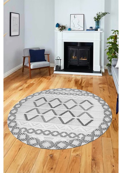 Kilim Desen Modern Tasarım Kaymaz Yıkanabilir Yuvarlak Mutfak Salon Halısı Y-Modern-81-Gri