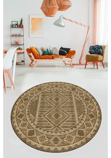 Kilim Desen Baskılı Kaymaz Taban Yıkanabilir Modern Yuvarlak Salon Halısı Y-MODERN-108-KAHVE