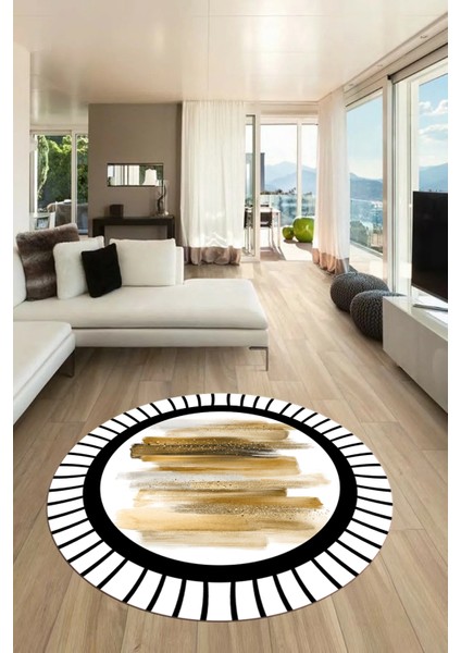 Renkli Modern Desenli Dijital Kaymaz Yıkanabilir Yuvarlak Mutfak Salon Halısı Y-Modern-22-Kahve