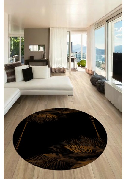 Modern Yaprak Desen Dijital Kaymaz Yıkanabilir Yuvarlak Mutfak Salon Halısı Y-Modern-26-Kahve