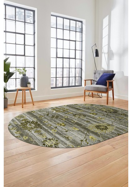 Modern Etnik Desen Dijital Kaymaz Yıkanabilir Oval Yolluk Mutfak Salon Halısı O-Modern-30-Yeşil