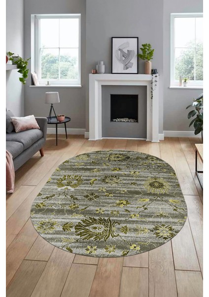 Modern Etnik Desen Dijital Kaymaz Yıkanabilir Oval Yolluk Mutfak Salon Halısı O-Modern-30-Yeşil fiyatları