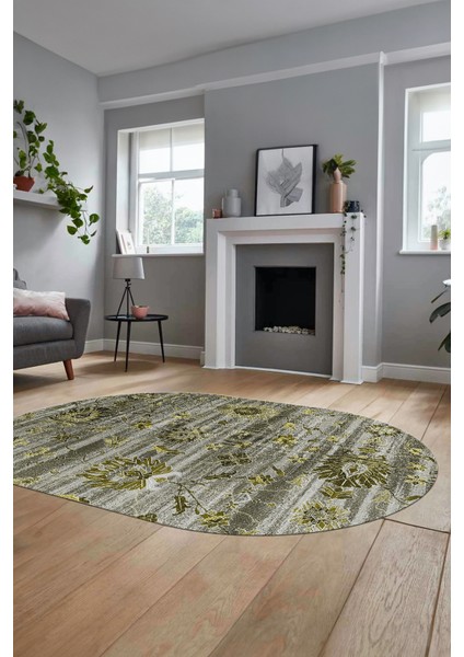 Modern Etnik Desen Dijital Kaymaz Yıkanabilir Oval Yolluk Mutfak Salon Halısı O-Modern-30-Yeşil modelleri