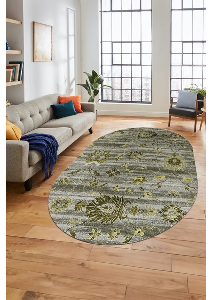 Modern Etnik Desen Dijital Kaymaz Yıkanabilir Oval Yolluk Mutfak Salon Halısı O-Modern-30-Yeşil fırsatları