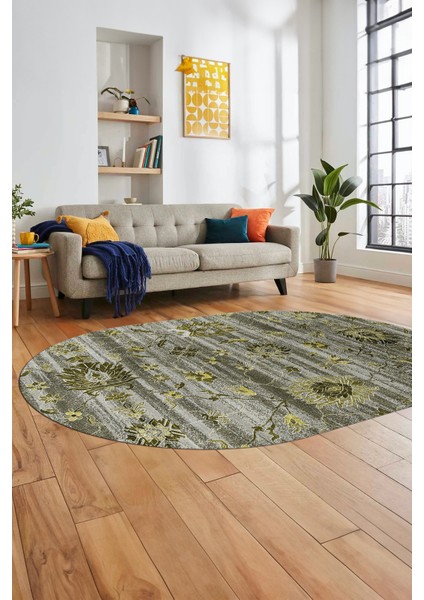 Modern Etnik Desen Dijital Kaymaz Yıkanabilir Oval Yolluk Mutfak Salon Halısı O-Modern-30-Yeşil indirimleri