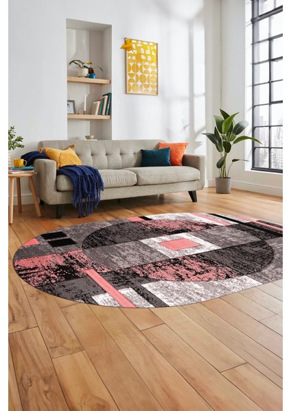 Modern Göbekli Desen Dijital Kaymaz Yıkanabilir Oval Yolluk Mutfak Salon Halısı O-Modern-33-Pembe fırsatları
