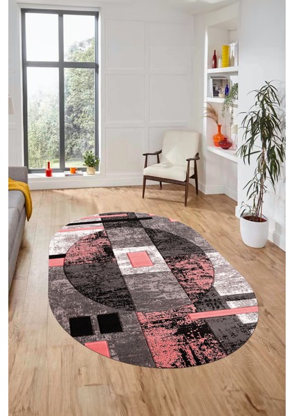 Modern Göbekli Desen Dijital Kaymaz Yıkanabilir Oval Yolluk Mutfak Salon Halısı O-Modern-33-Pembe indirimleri