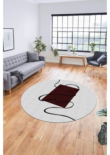 Baskılı Kaymaz Yıkanabilir Modern Yuvarlak Mutfak Halısı Salon Halısı Y-Modern-61-Bordo