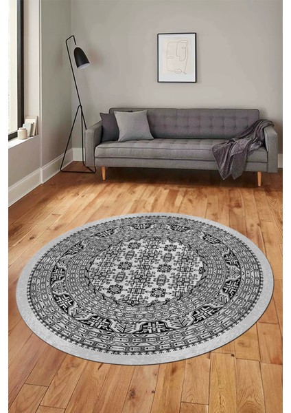 Etnik Desen Baskılı Kaymaz Taban Yıkanabilir Modern Yuvarlak Salon Halısı Y-MODERN-113-GRİ
