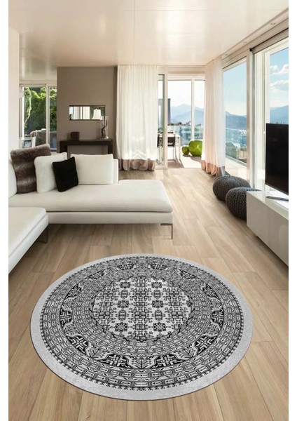 Etnik Desen Baskılı Kaymaz Taban Yıkanabilir Modern Yuvarlak Salon Halısı Y-MODERN-113-GRİ modelleri
