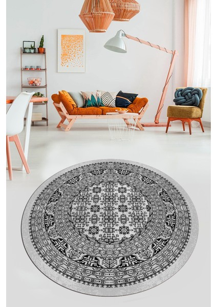 Etnik Desen Baskılı Kaymaz Taban Yıkanabilir Modern Yuvarlak Salon Halısı Y-MODERN-113-GRİ indirimleri