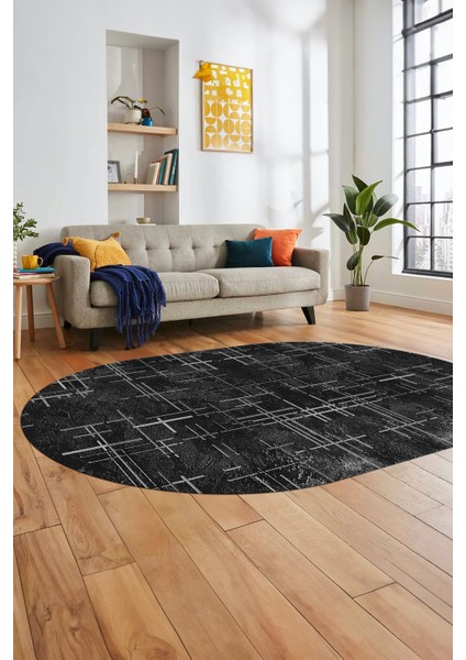 Sade Desen Modern Dijital Kaymaz Yıkanabilir Oval Yolluk Mutfak Salon Halısı O-Modern-89-Siyah