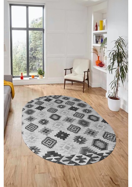 Etnik Baskılı Kaymaz Taban Yıkanabilir Modern Oval Yolluk Salon Halısı O-Modern-99-Gri