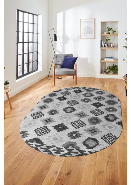 Etnik Baskılı Kaymaz Taban Yıkanabilir Modern Oval Yolluk Salon Halısı O-Modern-99-Gri modelleri