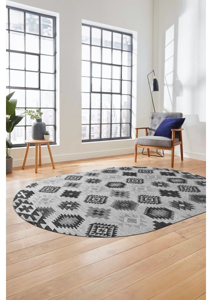 Etnik Baskılı Kaymaz Taban Yıkanabilir Modern Oval Yolluk Salon Halısı O-Modern-99-Gri fırsatları