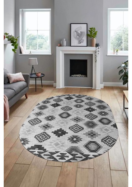 Etnik Baskılı Kaymaz Taban Yıkanabilir Modern Oval Yolluk Salon Halısı O-Modern-99-Gri indirimleri