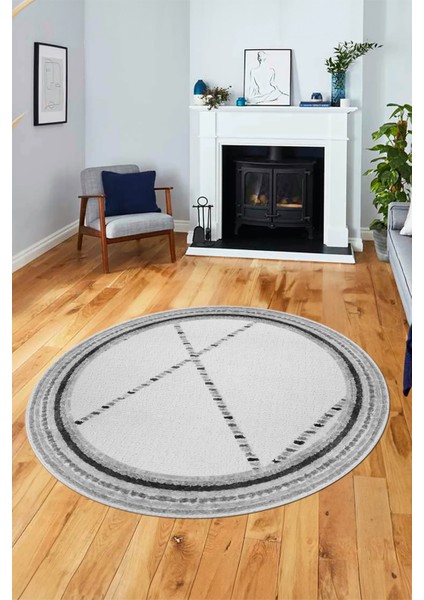 Renkli Modern Kilim Desen Kaymaz Yıkanabilir Yuvarlak Mutfak Salon Halısı Y-Modern-76-Gri