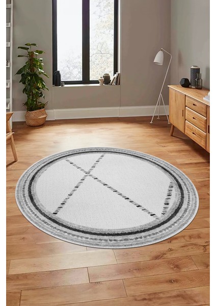Renkli Modern Kilim Desen Kaymaz Yıkanabilir Yuvarlak Mutfak Salon Halısı Y-Modern-76-Gri