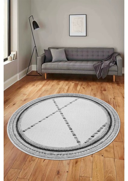 Renkli Modern Kilim Desen Kaymaz Yıkanabilir Yuvarlak Mutfak Salon Halısı Y-Modern-76-Gri