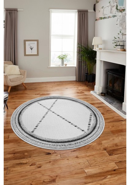 Renkli Modern Kilim Desen Kaymaz Yıkanabilir Yuvarlak Mutfak Salon Halısı Y-Modern-76-Gri