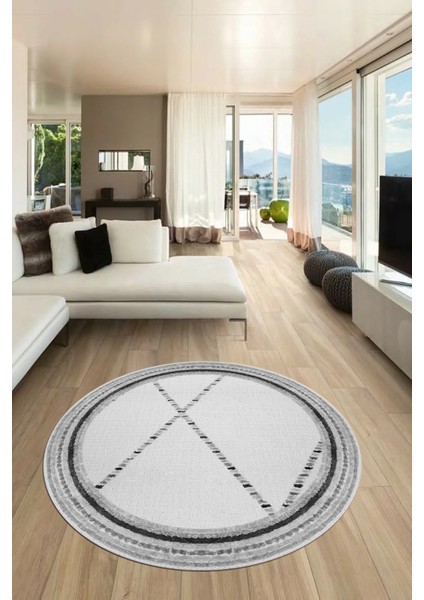 Renkli Modern Kilim Desen Kaymaz Yıkanabilir Yuvarlak Mutfak Salon Halısı Y-Modern-76-Gri