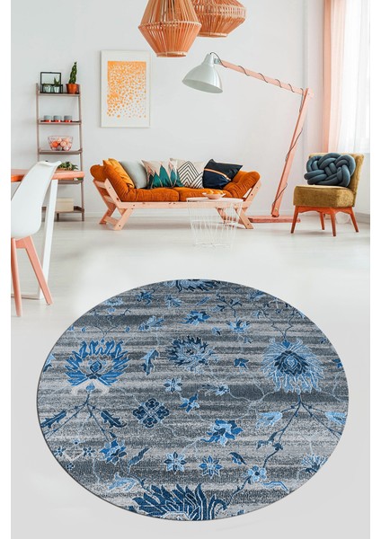 Modern Etnik Desen Dijital Kaymaz Yıkanabilir Yuvarlak Mutfak Salon Halısı Y-Modern-30-Mavi modelleri