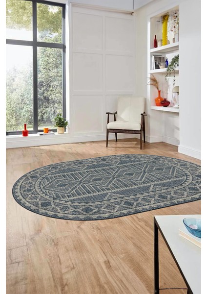 Kilim Desen Baskılı Kaymaz Taban Yıkanabilir Modern Oval Yolluk Salon Halısı O-MODERN-108-MAVİ