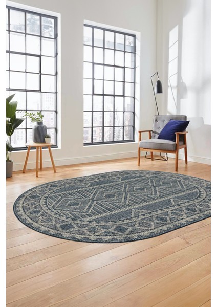 Kilim Desen Baskılı Kaymaz Taban Yıkanabilir Modern Oval Yolluk Salon Halısı O-MODERN-108-MAVİ modelleri