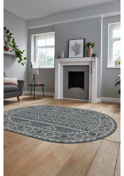 Kilim Desen Baskılı Kaymaz Taban Yıkanabilir Modern Oval Yolluk Salon Halısı O-MODERN-108-MAVİ indirimleri