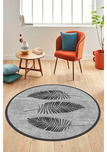 Baskılı Kaymaz Yıkanabilir Modern Yaprak Desen Yuvarlak Mutfak Salon Halısı Y-Modern-41-Gri