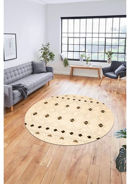 Baskılı Kaymaz Yıkanabilir Şık Kilim Desen Yuvarlak Mutfak Halısı Salon Halısı Y-Modern-65-Krem