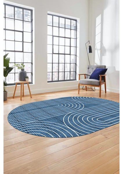 Sade Desen Baskılı Kaymaz Taban Yıkanabilir Modern Oval Yolluk Salon Halısı O-MODERN-110-MAVİ modelleri