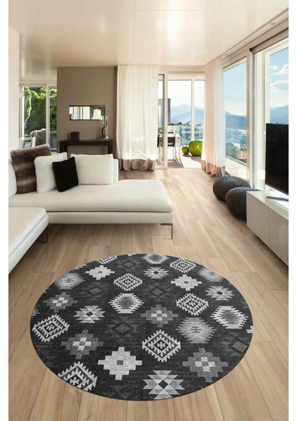 Etnik Baskılı Kaymaz Taban Yıkanabilir Modern Yuvarlak Salon Halısı Y-Modern-99-Antrasit fırsatları