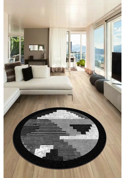 Özel Modern Desenli Dijital Kaymaz Yıkanabilir Yuvarlak Mutfak Salon Halısı Y-Modern-11-Gri