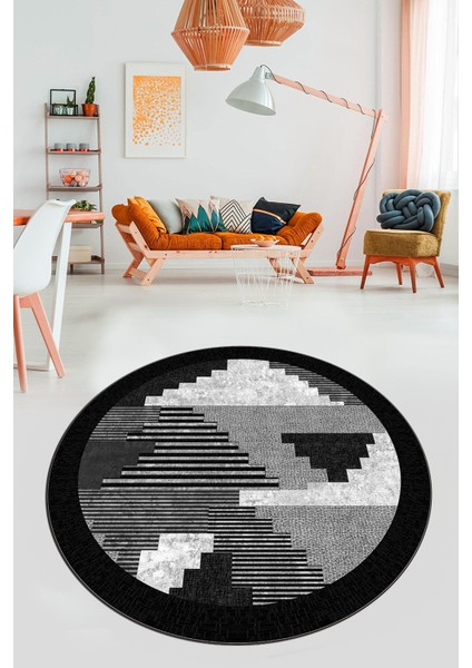 Özel Modern Desenli Dijital Kaymaz Yıkanabilir Yuvarlak Mutfak Salon Halısı Y-Modern-11-Gri