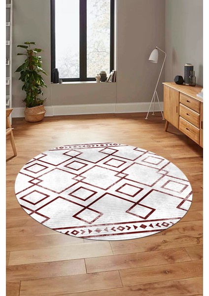 Modern Sade Desen Dijital Kaymaz Yıkanabilir Yuvarlak Mutfak Salon Halısı Y-Modern-91-Bordo