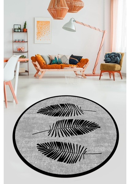 Baskılı Kaymaz Yıkanabilir Modern Yaprak Desen Yuvarlak Mutfak Salon Halısı Y-Modern-41-Siyah fiyatları