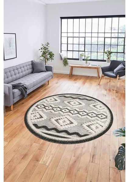 3D Kaymaz Yıkanabilir Şık Kilim Desen Yuvarlak Mutfak Halısı Salon Halısı Y-Modern-68-Krem