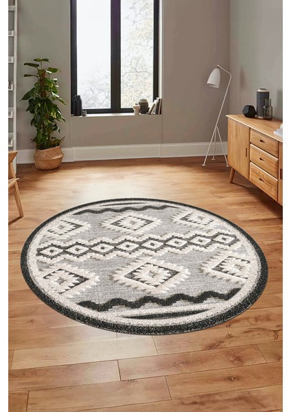 3D Kaymaz Yıkanabilir Şık Kilim Desen Yuvarlak Mutfak Halısı Salon Halısı Y-Modern-68-Krem modelleri