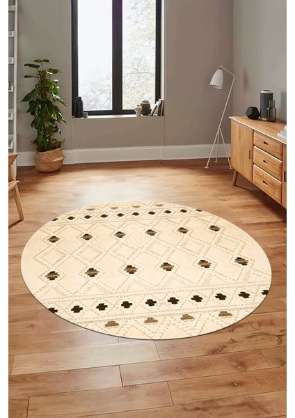 Baskılı Kaymaz Yıkanabilir Şık Kilim Desen Yuvarlak Mutfak Halısı Salon Halısı Y-Modern-65-Krem modelleri