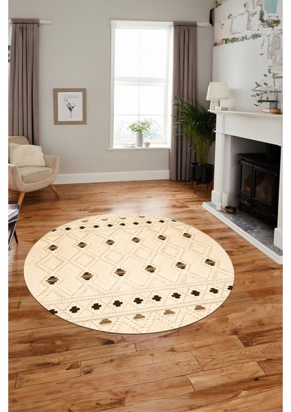 Baskılı Kaymaz Yıkanabilir Şık Kilim Desen Yuvarlak Mutfak Halısı Salon Halısı Y-Modern-65-Krem indirimleri