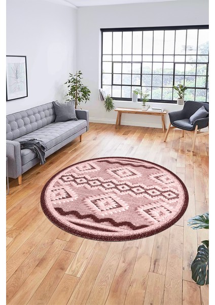 3D Kaymaz Yıkanabilir Şık Kilim Desen Yuvarlak Mutfak Halısı Salon Halısı Y-Modern-68-Pembe