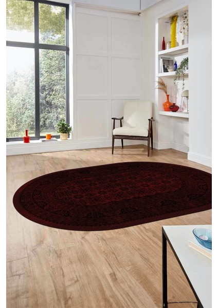 Etnik Desen Baskılı Kaymaz Taban Yıkanabilir Modern Oval Yolluk Salon Halısı O-MODERN-113-BORDO