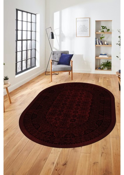 Etnik Desen Baskılı Kaymaz Taban Yıkanabilir Modern Oval Yolluk Salon Halısı O-MODERN-113-BORDO fiyatları