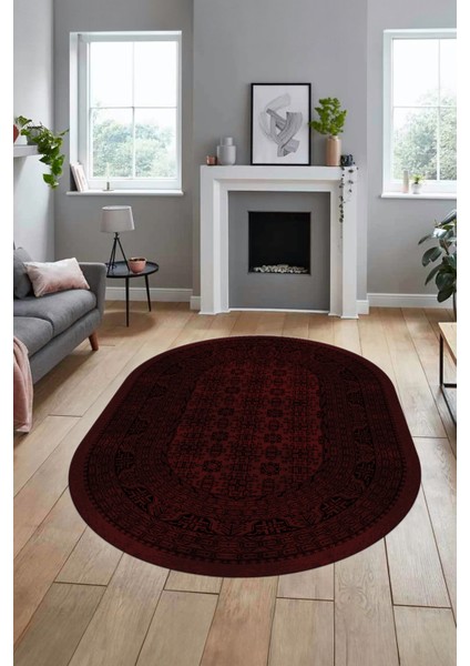 Etnik Desen Baskılı Kaymaz Taban Yıkanabilir Modern Oval Yolluk Salon Halısı O-MODERN-113-BORDO fırsatları