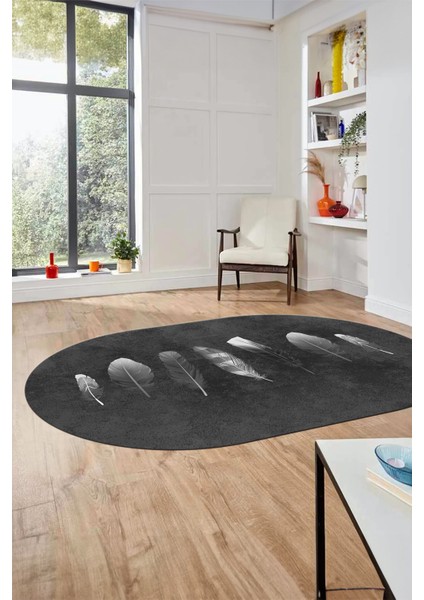 Yaprak Desenli Baskılı Kaymaz Taban Yıkanabilir Oval Yolluk Salon Halısı O-MODERN-115-ANTRASİT