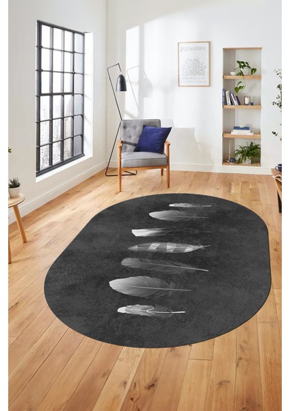 Yaprak Desenli Baskılı Kaymaz Taban Yıkanabilir Oval Yolluk Salon Halısı O-MODERN-115-ANTRASİT fiyatları