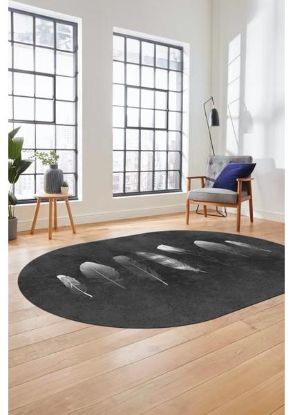 Yaprak Desenli Baskılı Kaymaz Taban Yıkanabilir Oval Yolluk Salon Halısı O-MODERN-115-ANTRASİT modelleri